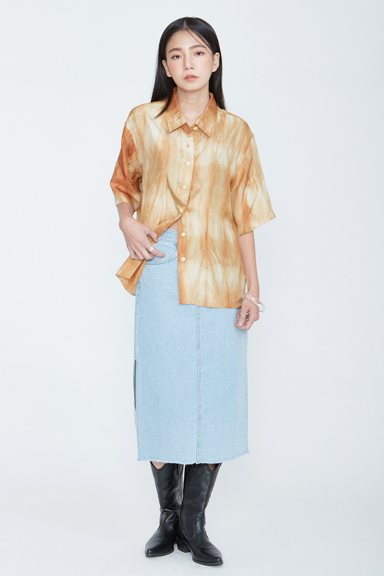 NOI073 washed long slit denim skirt (light blue)