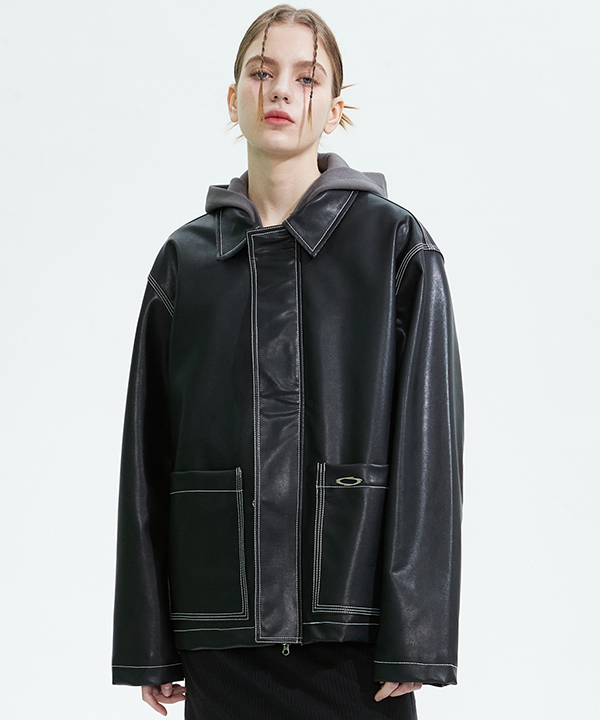 NOI864 vegan leahter half coat (black)